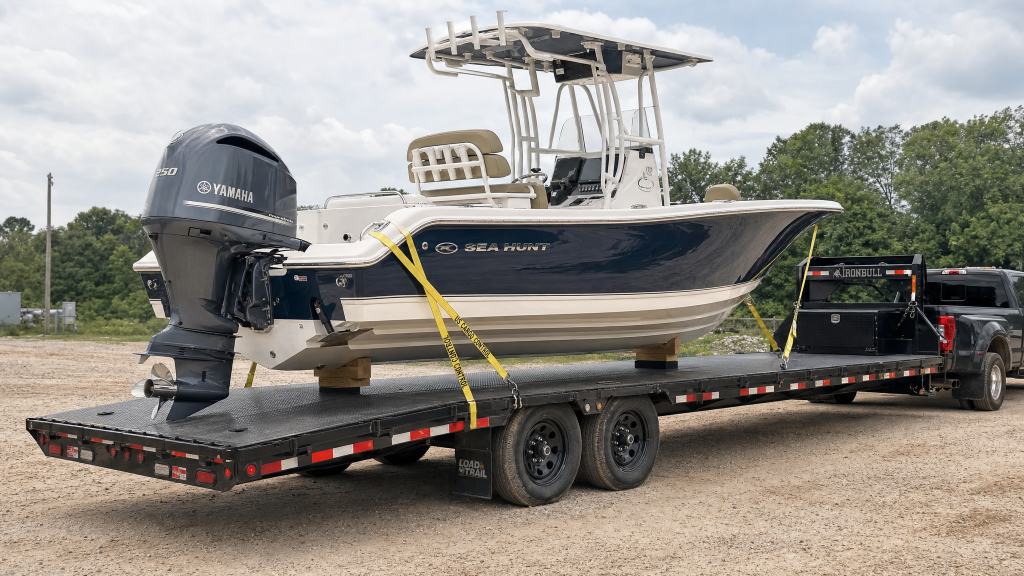 Boat on Flatbed Trailer with Tiedowns Boat on Flatbed Trailer with Tiedowns