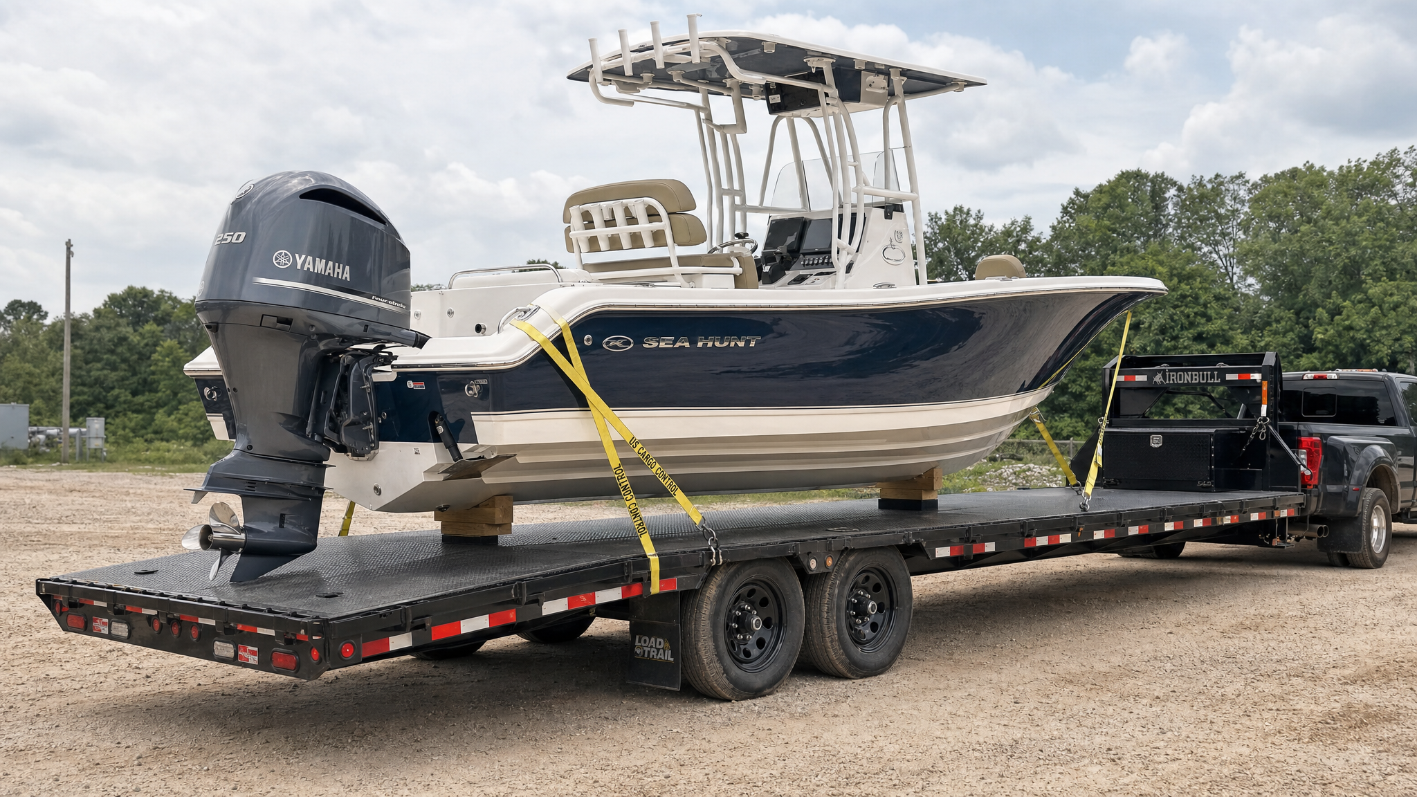 Boat on Flatbed Trailer with Tiedowns